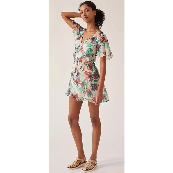 Anthropologie Mini Dress Women's Size 2X Multicolor Floral Watercolor Ruffle - Picture 1 of 9